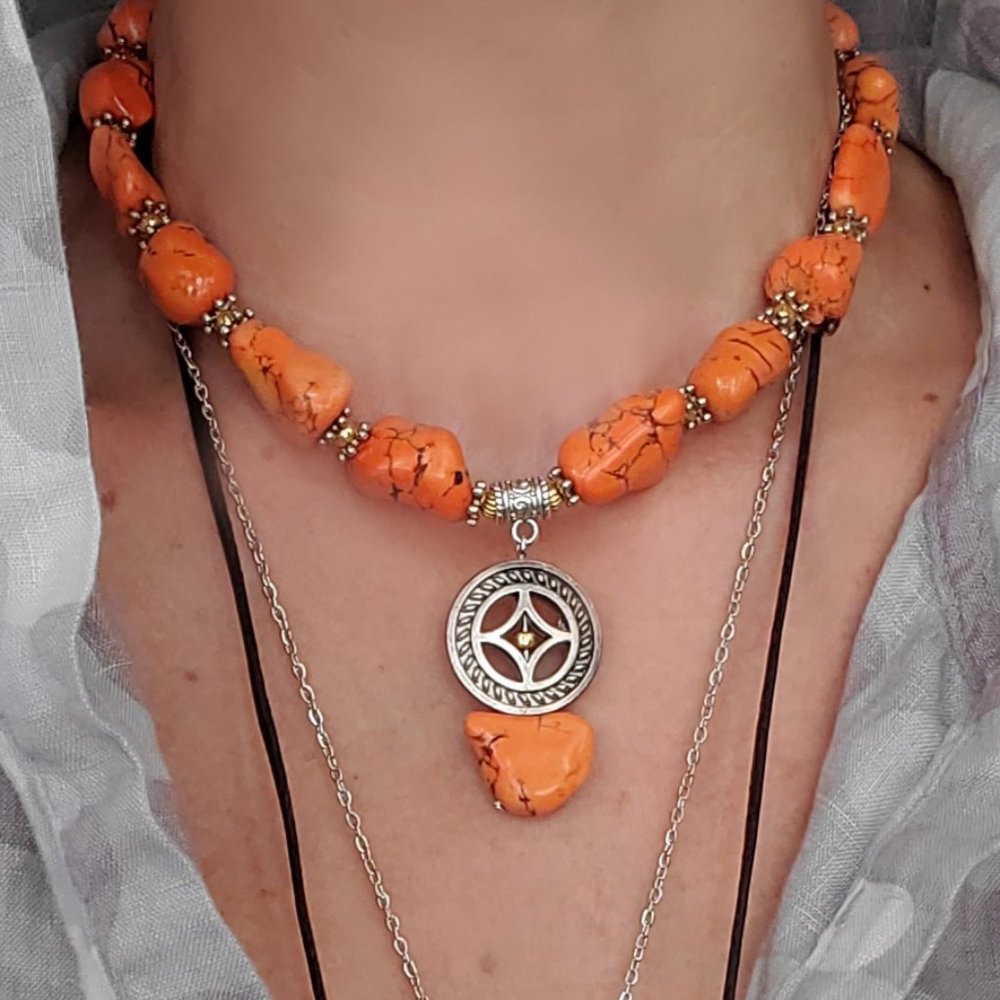 Boho Jewelry Layered Natural Hawolite Stone Unique Coin Necklace
